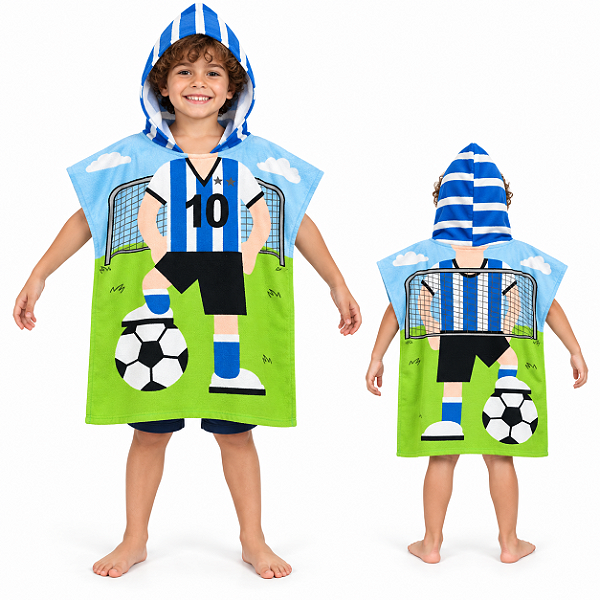 Toalha Poncho Infantil Capuz futebol Praia Piscina