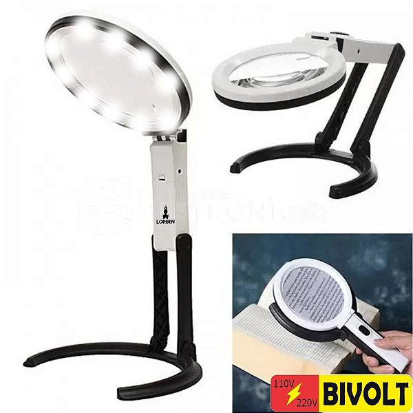 Lupa de Mesa Bancada 10 Led Suporte Articulável Aumento 2x e 5X