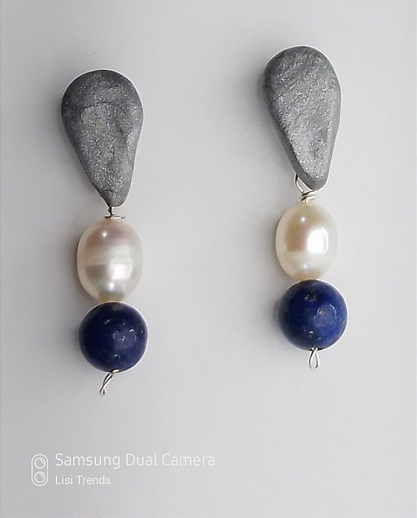 Brinco Gota Perola e Lápis Lazúli