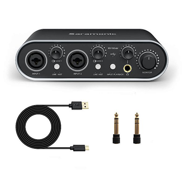 MV-Mixer | Interface de Áudio de 2 Canais para Mac e Windows com 2 Entradas XLR-1/4” Combo para Microfone, Instrumento e Linha.