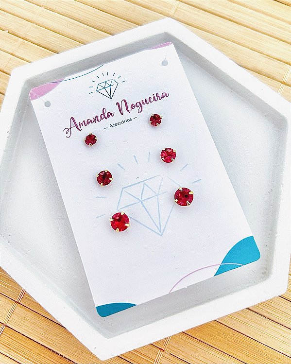 Brinco Trio Zircônia Pink - Banho de Ouro 18k