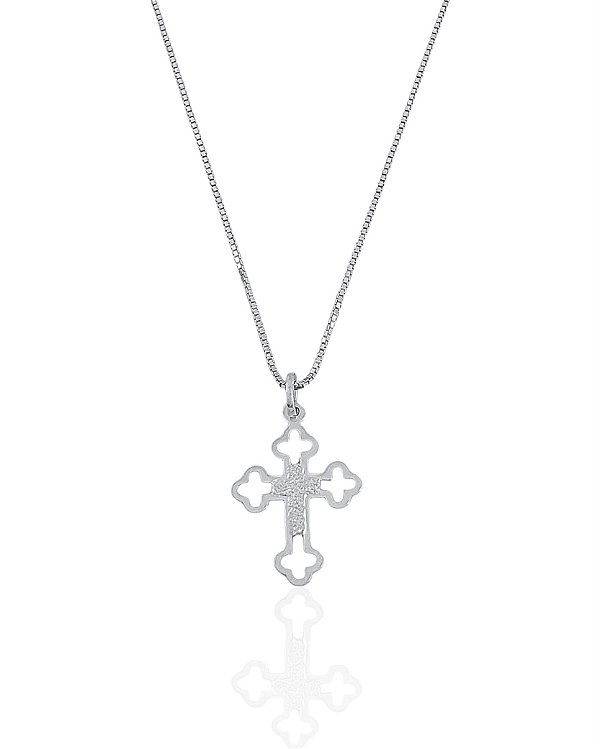 Colar Crucifixo Trabalhado Vazado 2cm x 1,6cm 45cm - Prata 925