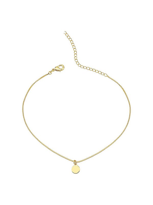 Tornozeleira Plaquinha Lisa Redonda 21,5cm + 5cm de extensor - Banho de Ouro 18k