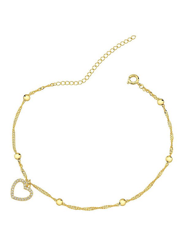 Tornozeleira Coração Cravejado 22cm + 5cm de extensor - Banho de Ouro 18k