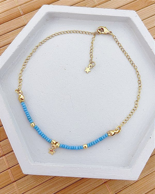 Tornozeleira Miçangas azul c/ bolinhas e Estrela 24cm + 3cm extensor - Banho de Ouro 18k