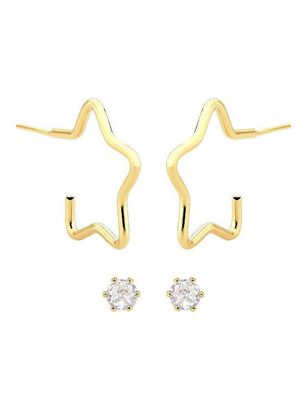 Brinco Duo Argola Estrela e Ponto de luz 2,2cm - Banho de Ouro 18k