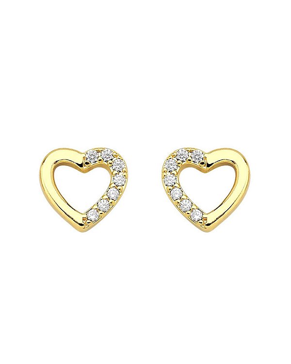 Brinco Coração Metade Cravejado Vazado 0,7cm - Banho de Ouro 18k
