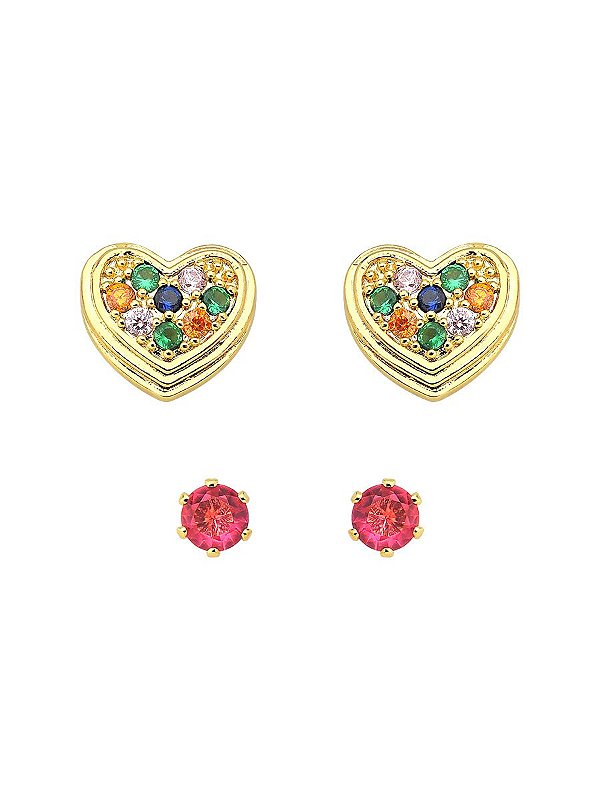 Brinco Duo Ponto de luz Pink e Coração Cravejado Color 1cm - Banho de Ouro 18k