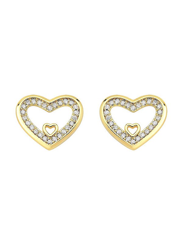 Brinco Coração Vazado Cravejado 1,3cm - Banho de Ouro 18k