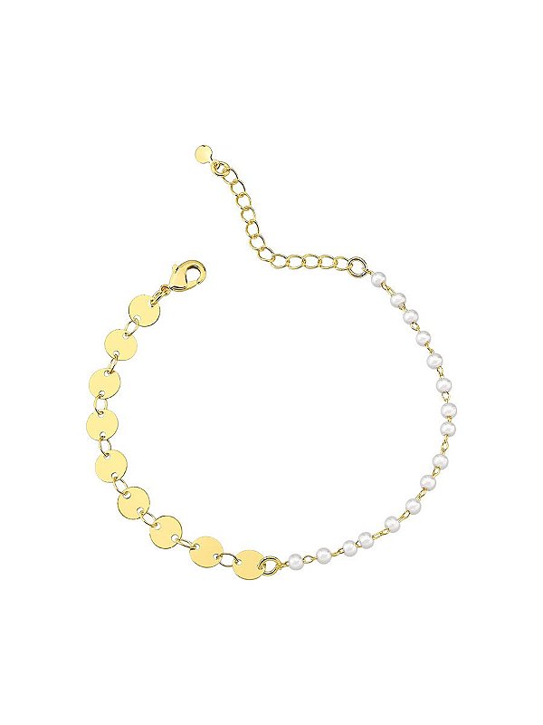 Pulseira Perolas e Plaquinhas 17cm - Banho de Ouro 18k