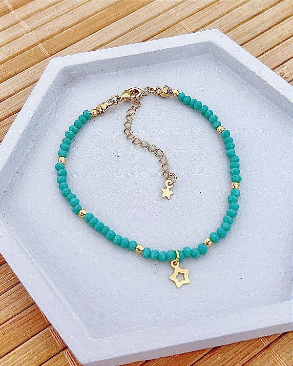 Pulseira Cristal Azul Leitoso e Estrela 17cm + 5cm extensor - Banho de Ouro 18k
