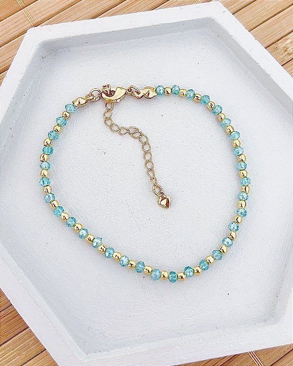 Pulseira Cristal Azul e Bolinhas 1x1 18cm + 5cm extensor - Banho de Ouro 18k