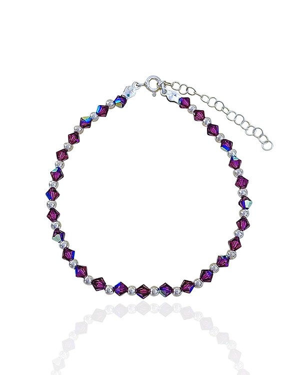 Pulseira Cristal Roxo e bolinhas 1x1 18cm + 5cm de Extensor - Prata 925