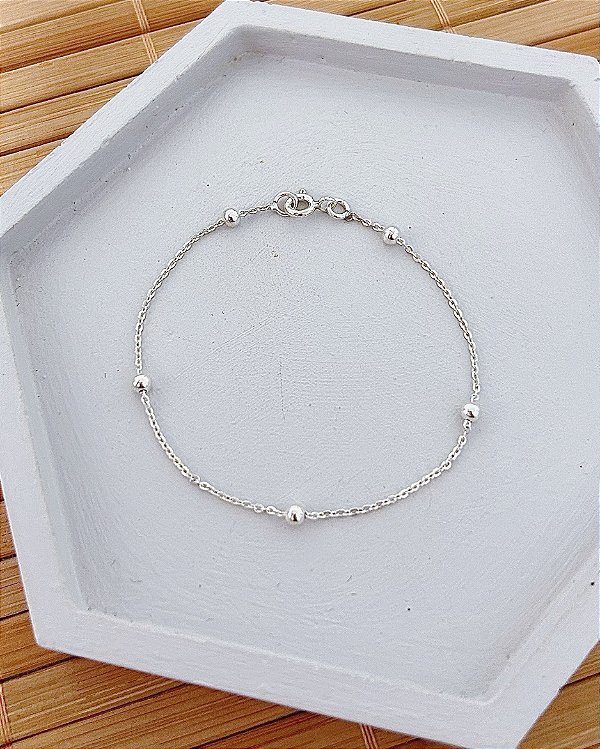 Pulseira Infantil Elo Português c/ bolinhas 16cm - Prata 925