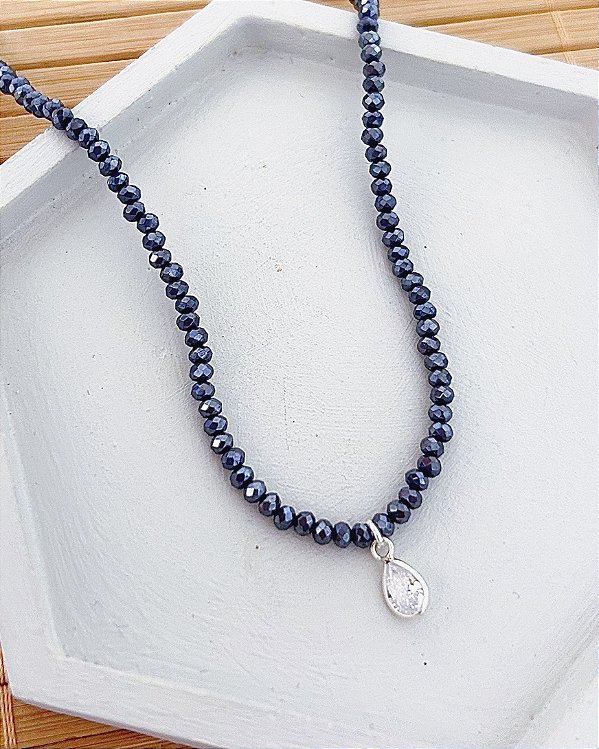 Colar Cristal Grafite c/ Ponto de Luz Gota 45cm + extensor de 6cm - Prata 925