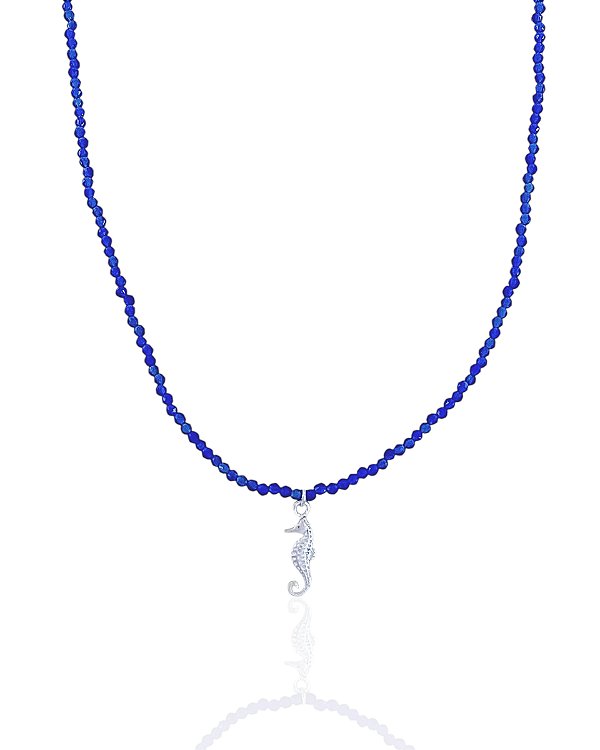 Colar Cristal Azul c/ Cavalo Marinho 38cm + extensor de 8cm - Prata 925