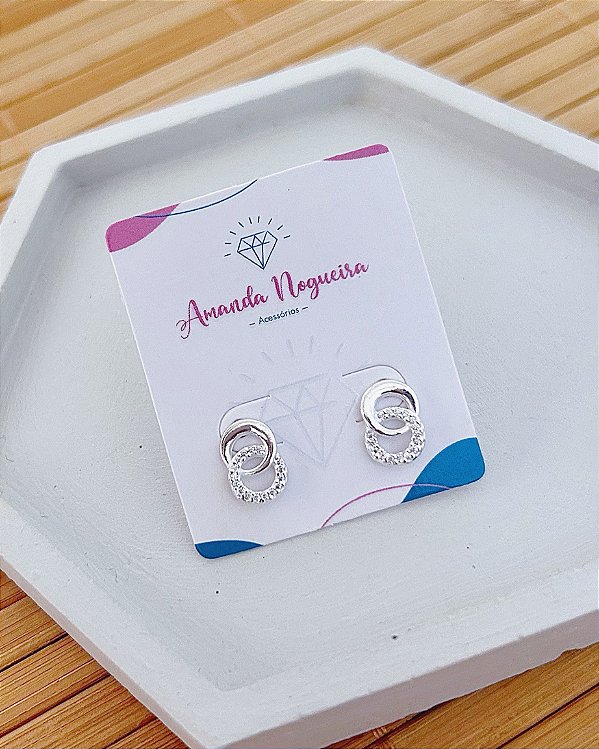 Brinco Elos Vazados 1 Liso e 1 Cravejado 1,1cm - Prata 925