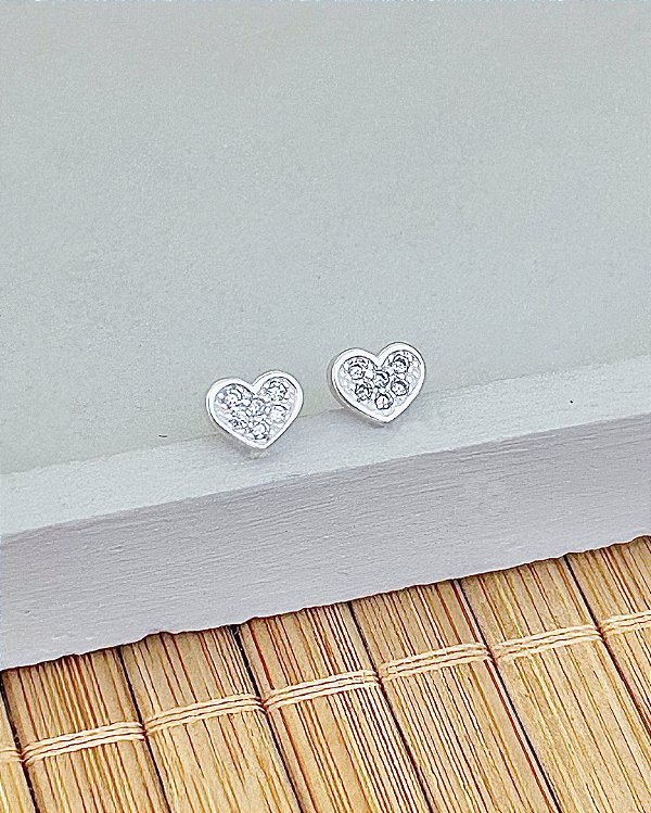 Brinco Coração Cravejado 6mm - Prata 925