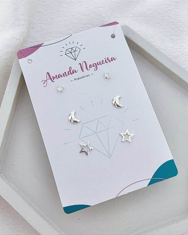 Brinco Trio Lua, Ponto de Luz e Estrela Vazada - Prata 925