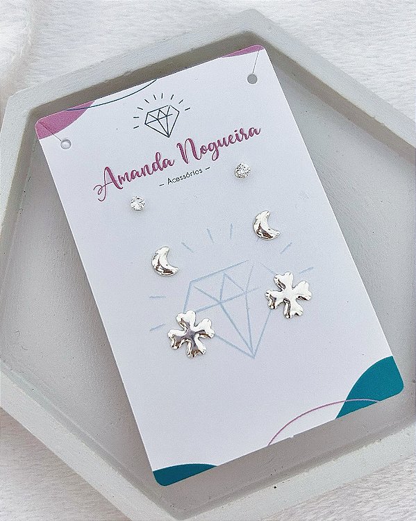 Brinco Trio Lua, Ponto de Luz e Trevo - Prata 925