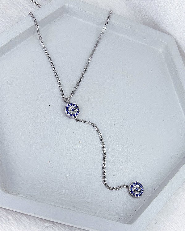 Colar Gravatinha Olho Grego Cravejado 40cm + 5cm de Extensor - Prata 925