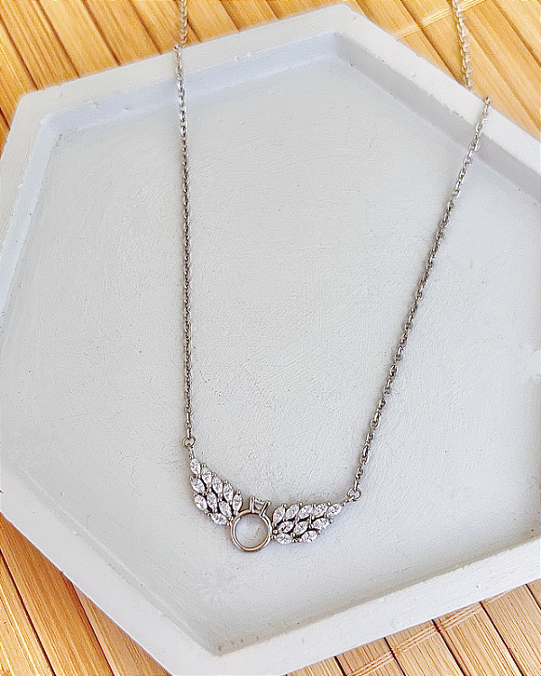 Colar Solitário/Asa Cravejada 2,7cm 40cm + 5cm de Extensor - Prata 925