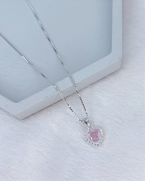 Colar Coração Rosa c/ Cravejado em Volta 45cm - Prata 925