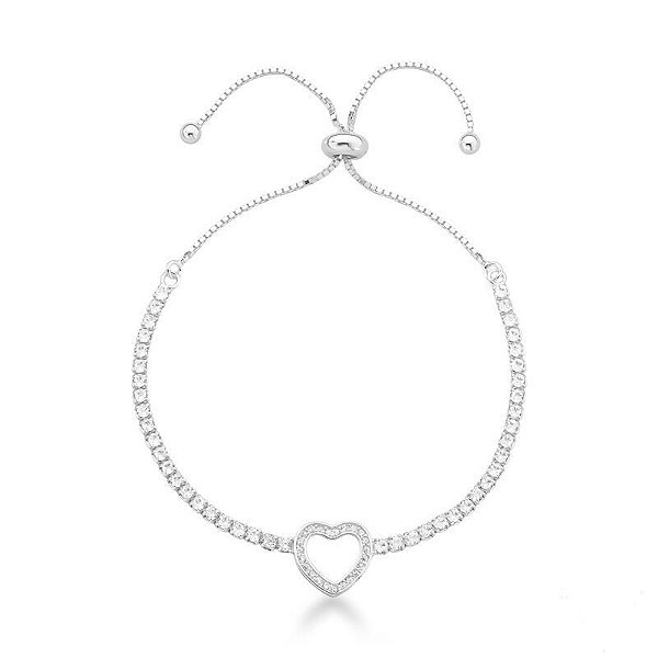 Pulseira Riviera c/ Coração Cravejado Modelo Gravatinha 2mm 24cm Ajustável - Prata 925