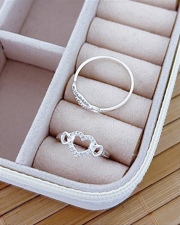 Anel Coração Cravejado e 2 Corações Lisos Vazados - Prata 925