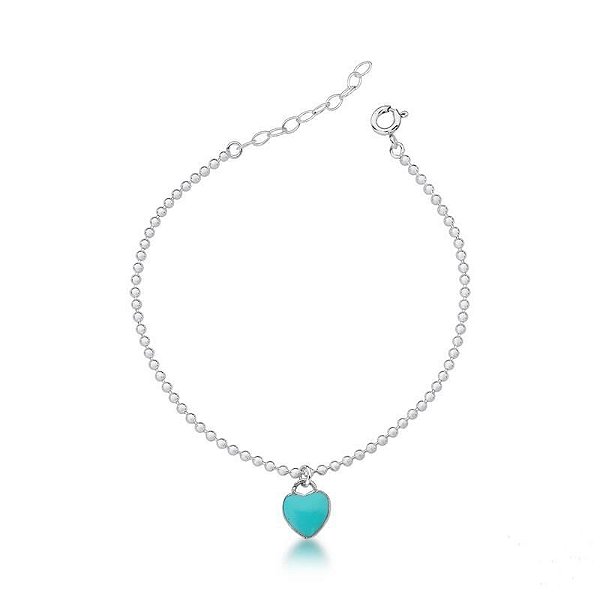 Pulseira Bolinha c/ Coração Verde Agua 18cm + 3cm de Extensor - Prata 925