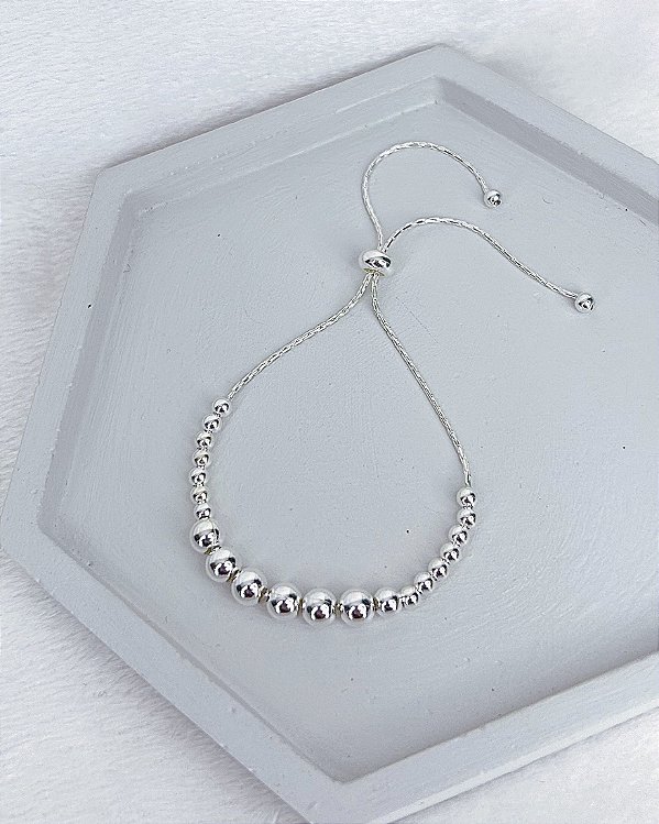 Pulseira Bolinhas Modelo Gravatinha 22cm Ajustável - Prata 925