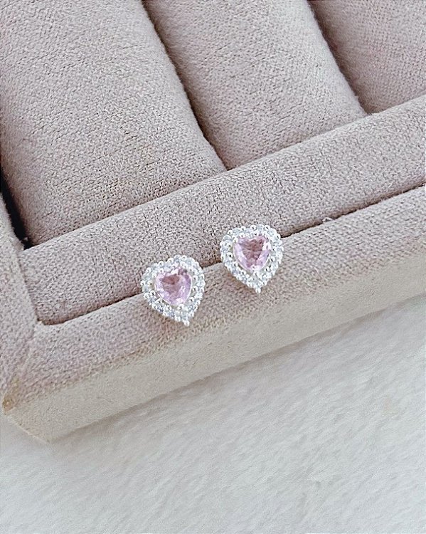Brinco Coração Rosa c/ Cravejado em Volta 0,7cm - Prata 925