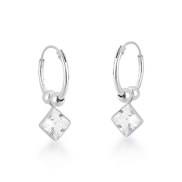 Brinco Argolinha c/ Pingente Zircônia Quadrada de Encaixe 1,2cm - Prata 925