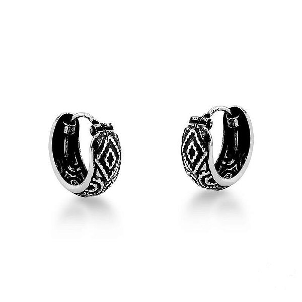 Brinco Argolinha Envelhecida Trabalhada de Encaixe 1,3cm x 0,5cm - Prata 925