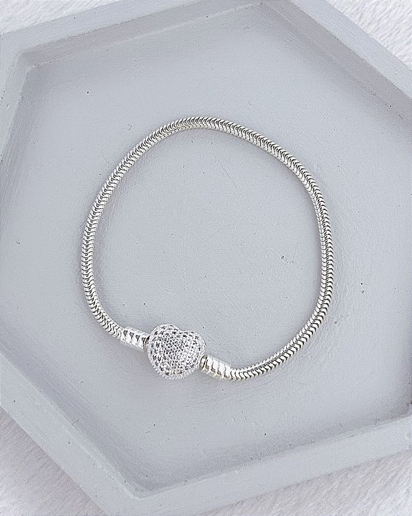 Pulseira Para Berloque Fecho Coração Cravejado - Prata 925