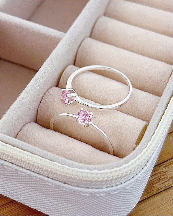 Anel Solitario Zircônia Rosa - Prata 925