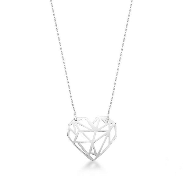 Colar Coração Geométrico  45cm - Prata 925