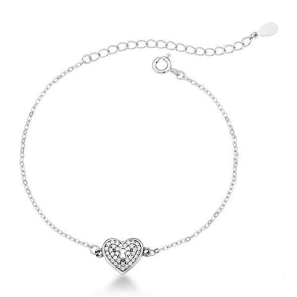 Pulseira Coração Cravejado Fechadura 16,5cm + 5cm de extensor - Prata 925