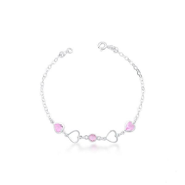 Pulseira Coração Vazado c/ Zircônia Coração Rosa 19cm - Prata 925
