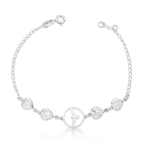 Pulseira Espirito Santo c/ Zircônia Coração 19cm - Prata 925