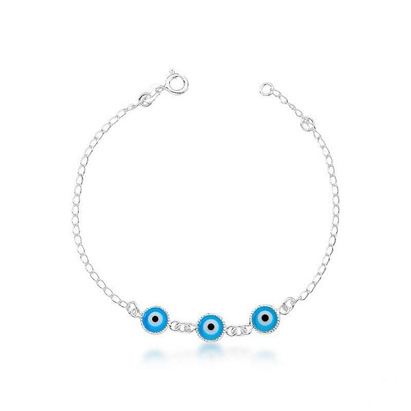 Pulseira 3 Olho Grego Azul 19cm - Prata 925