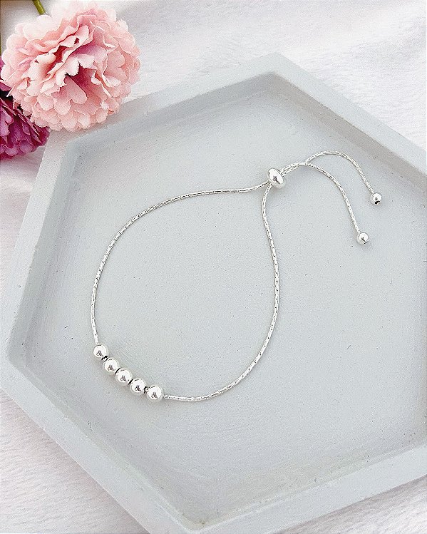 Pulseira Bolinhas Modelo Gravatinha Ajustável até 22cm - Prata 925