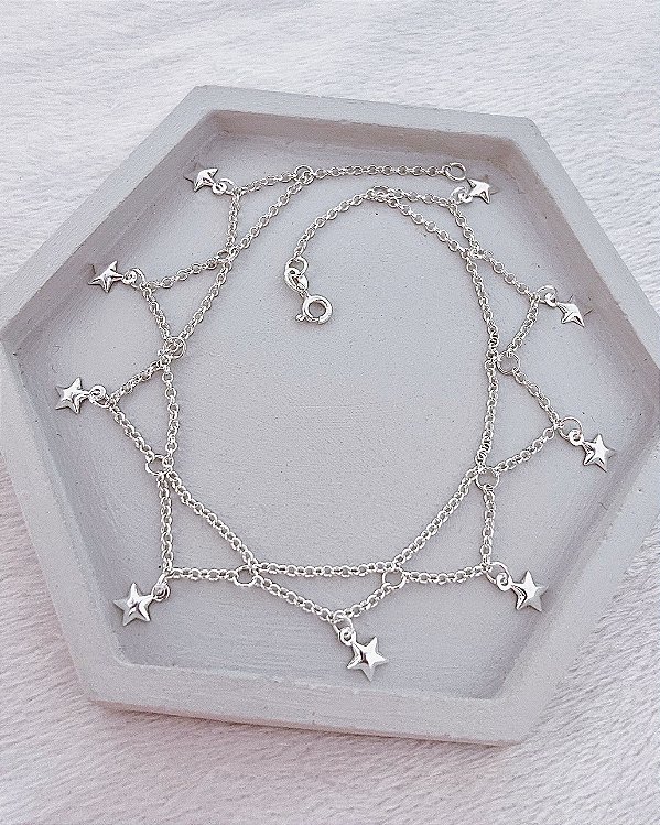 Tornozeleira Indiana Elo Português  c/ 9 Estrelas 25cm - Prata 925