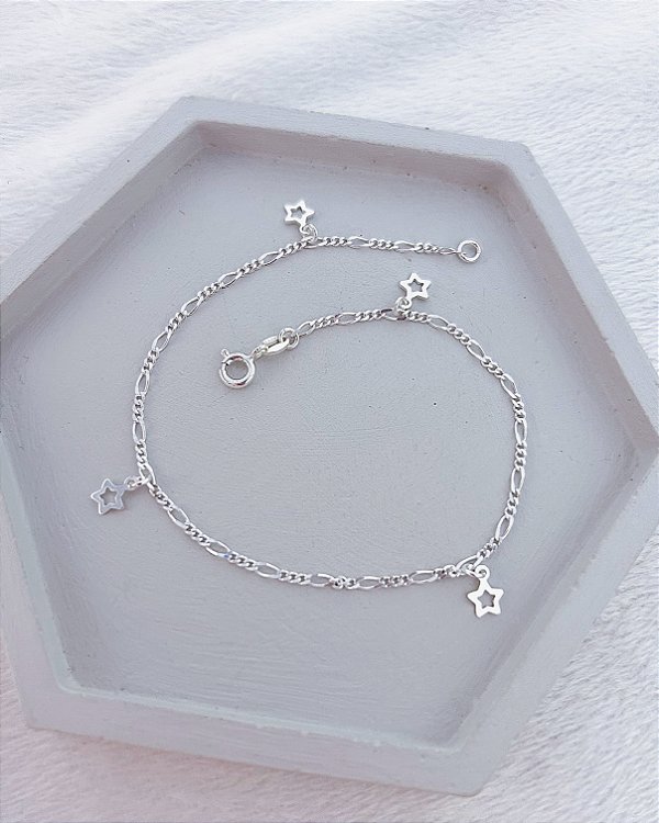 Tornozeleira 3x1 c/ 4 Estrelas Vazadas 22,5cm - Prata 925