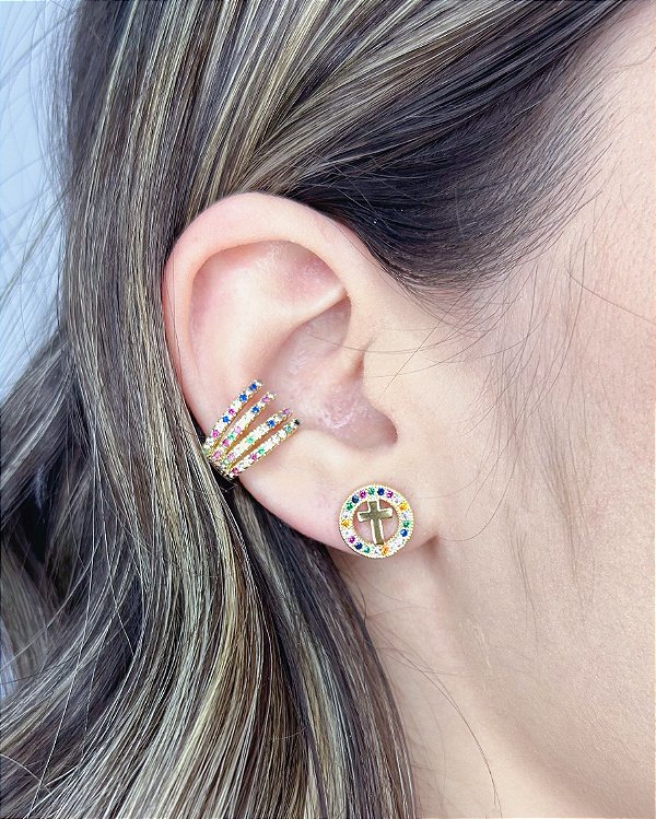 Brinco Circulo Cravejado Colorido c/ Cruz 1cm - Banho de Ouro 18k