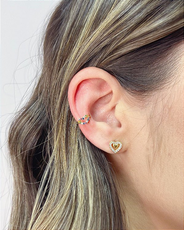 Brinco Coração Cravejado e Meio Liso 0,8cm - Banho de Ouro 18k