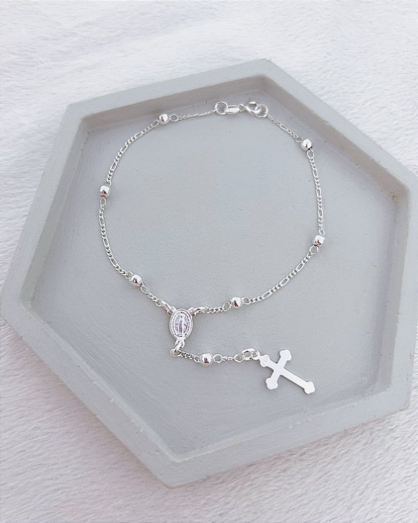 Pulseira Terço 3x1 20cm - Prata 925