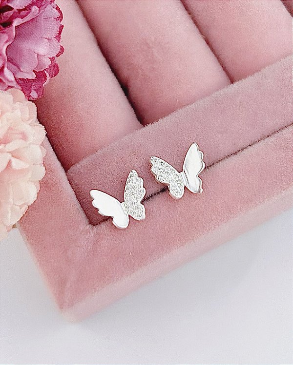 Brinco Borboleta Asa Cravejada 0,9cm - Prata 925