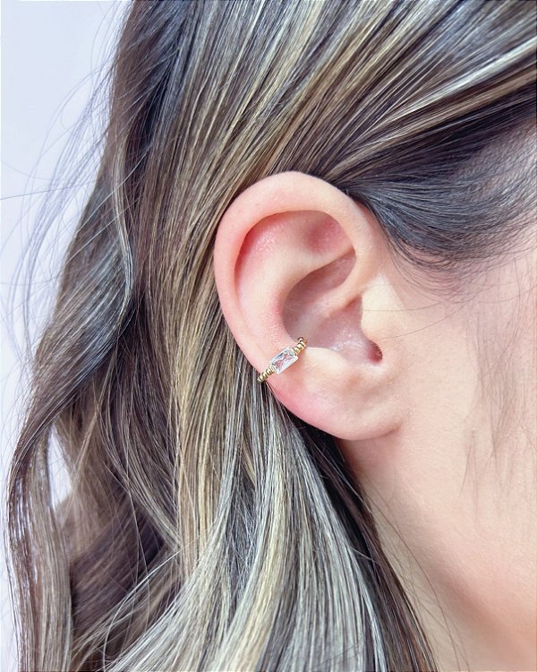 Brinco Piercing Fake Zircônia Baguete - Banho de Ouro 18k