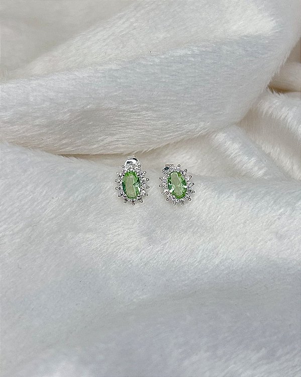 Brinco Zircônia Oval Verde Cravejada 1cm - Prata 925